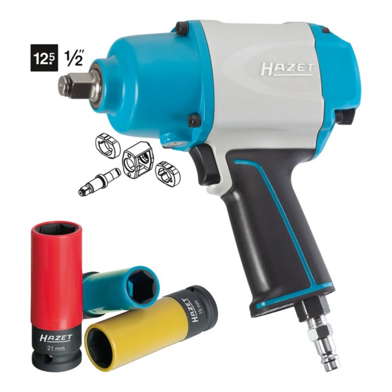 HAZET Schlagschrauber mit Sortiment 9012-1SPC/4 Lösemoment maximal: 1000 Nm Vierkant massiv 12,5 mm (1/2') Hochleistungs-Doppelh
