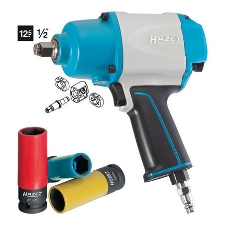 HAZET Schlagschrauber mit Sortiment 9012-1SPC/4 Lösemoment maximal: 1000 Nm Vierkant massiv 12,5 mm (1/2') Hochleistungs-Doppelh