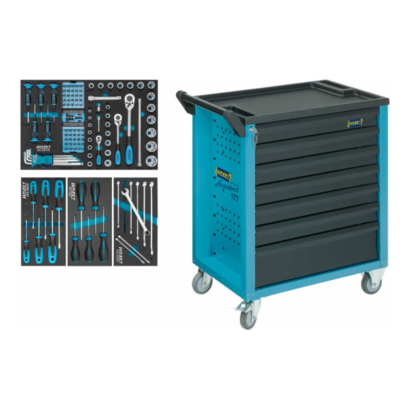 HAZET Werkstattwagen Assistent mit Sortiment 177-7/119 Schubladen flach: 6 x 80 x 527 x 348 mm Schubladen hoch: 1 x 165 x 527 x 