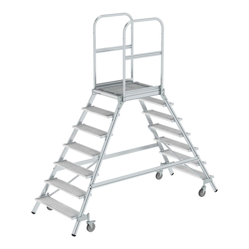 MUNK Alumnium-Podestleiter beidseitig begehbar: Stahl-Gitterrost