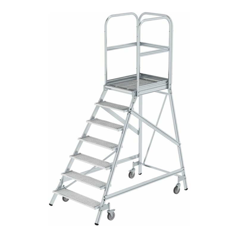 MUNK Alumnium-Podestleiter einseitig begehbar: Stahl-Gitterrost