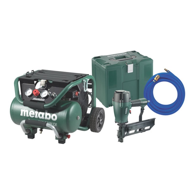 Metabo Kompressor Power 400-20 W OF Set + DKG 114-65 Klammergerät + Druckluftschlauch 10 m + MetaLoc Karton