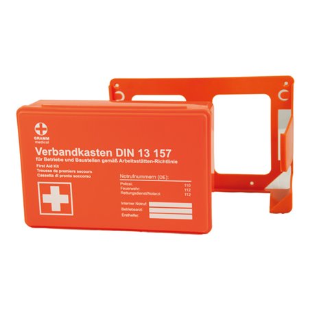 GRAMM medical Betriebsverbandkasten MINI + Wandhalterung, orange, DIN 13 157