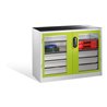 C+P Werkzeugschrank, Sichtfenster-Drehtüren, 2 Böden, 3 Schübe, H1000xB1200xT500mm Front Viridingrün Korpus Lichtgrau