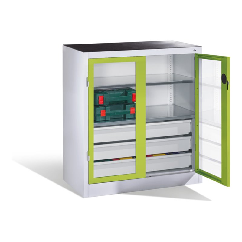 C+P Werkzeugschrank, Sichtfenster-Drehtüren, 2 Böden, 3 Schübe, H1000xB930xT500mm Front Viridingrün Korpus Lichtgrau