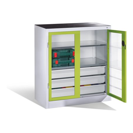 C+P Werkzeugschrank, Sichtfenster-Drehtüren, 2 Böden, 3 Schübe, H1000xB930xT500mm Front Viridingrün Korpus Lichtgrau