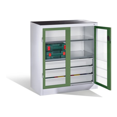 C+P Werkzeugschrank, Sichtfenster-Drehtüren, 2 Böden, 3 Schübe, H1000xB930xT500mm Front Resedagrün Korpus Lichtgrau