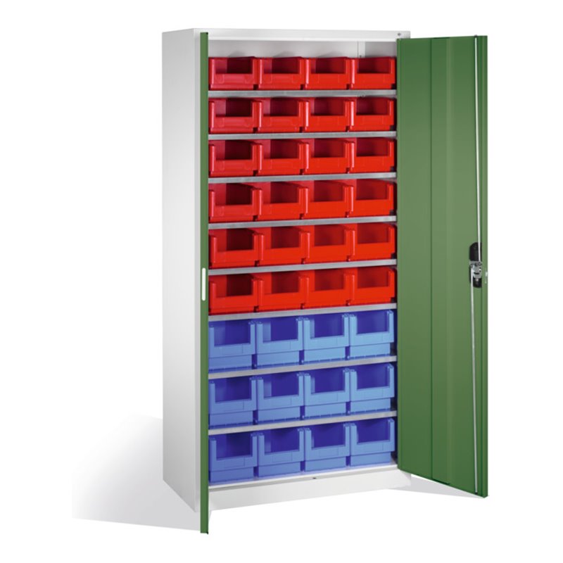 C+P Magazinschrank mit 26 Sichtlagerkästen, H1980xB1000xT420mm Front Resedagrün Korpus Lichtgrau