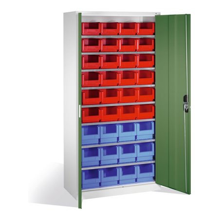 C+P Magazinschrank mit 26 Sichtlagerkästen, H1980xB1000xT420mm Front Resedagrün Korpus Lichtgrau