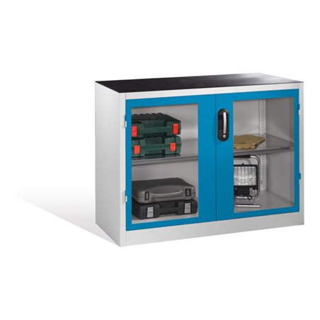 C+P Werkzeug-Beistellschrank mit Sichtfenster-Drehtüren, 1 Boden, H1000xB1200xT500mm Front Lichtblau Korpus Lichtgrau