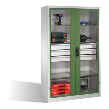 C+P Werkzeugschrank, Sichtfenster-Drehtüren, 4 Böden, 3 Schübe, H1950xB1200xT500mm Front Resedagrün Korpus Lichtgrau