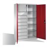 C+P Werkzeugschrank mit Drehtüren, 4 Böden, 8 Schübe, Wertfach, H1950xB1200xT500mm Front Rubinrot Korpus Lichtgrau