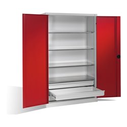 C+P Schwerlastschrank mit Drehtüren, 4 Böden und 3 Schübe, H1950xB1200xT500mm Front Rubinrot Korpus Lichtgrau