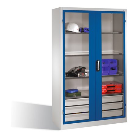 C+P Werkzeugschrank, Sichtfenster-Drehtüren, 3 Böden, 3 Schübe, H1950xB1200xT500mm Front Enzianblau Korpus Lichtgrau