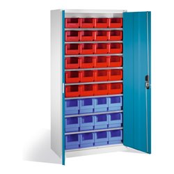 C+P Magazinschrank mit 26 Sichtlagerkästen, H1980xB1000xT420mm Front Lichtblau Korpus Lichtgrau
