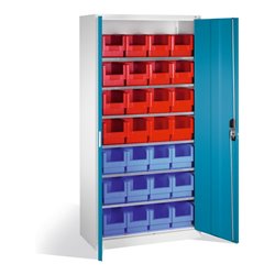 C+P Magazinschrank mit 28 Sichtlagerkästen, H1980xB1000xT420mm Front Lichtblau Korpus Lichtgrau
