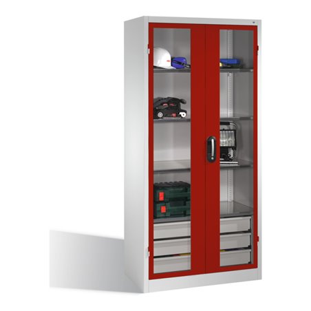 C+P Werkzeugschrank, Sichtfenster-Drehtüren, 4 Böden, 3 Schübe, H1950xB930xT500mm Front Rubinrot Korpus Lichtgrau