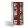 C+P Werkzeugschrank, Sichtfenster-Drehtüren, 4 Böden, 3 Schübe, H1950xB930xT500mm Front Rubinrot Korpus Lichtgrau