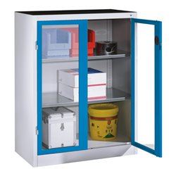 C+P Werkzeug-Beistellschrank mit Sichtfenster-Drehtüren, 2 Böden, H1200xB930xT500mm Front Lichtblau Korpus Lichtgrau