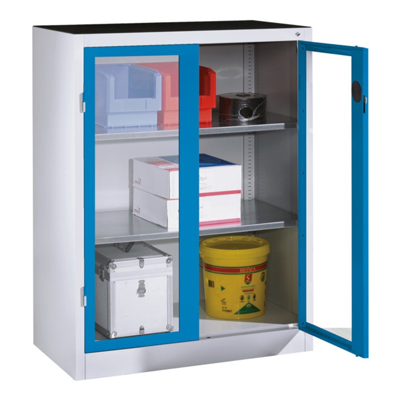 C+P Werkzeug-Beistellschrank mit Sichtfenster-Drehtüren, 2 Böden, H1200xB930xT500mm Front Lichtblau Korpus Lichtgrau