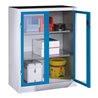 C+P Werkzeug-Beistellschrank mit Sichtfenster-Drehtüren, 2 Böden, H1200xB930xT500mm Front Lichtblau Korpus Lichtgrau