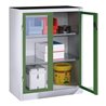 C+P Werkzeug-Beistellschrank mit Sichtfenster-Drehtüren, 2 Böden, H1200xB930xT500mm Front Resedagrün Korpus Lichtgrau