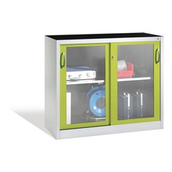 C+P Werkzeugschrank mit Sichtfenster-Schiebetüren, 1 Boden, H1000xB1200xT500mm Front Viridingrün Korpus Lichtgrau