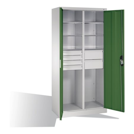 C+P Werkzeugschrank mit Drehtüren, 6 Böden, 6 Schübe, H1950xB930xT500mm Front Resedagrün Korpus Lichtgrau