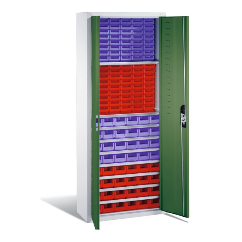 C+P Magazinschrank mit 138 Sichtlagerkästen, H1690xB700xT300mm Front Resedagrün Korpus Lichtgrau