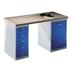 C+P Werkbank mit Multiplexplatte und 2 Standschränken, H835xB1500xT700mm Front Lichtblau Korpus Lichtgrau