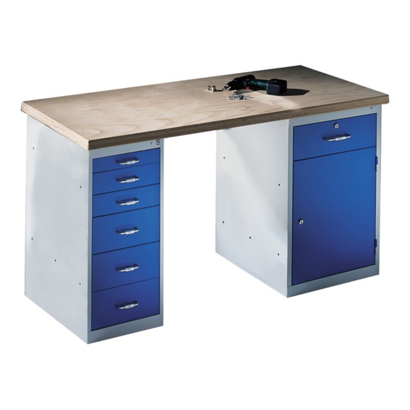 C+P Werkbank mit Multiplexplatte und 2 Standschränken, H835xB1500xT700mm Front Lichtblau Korpus Lichtgrau