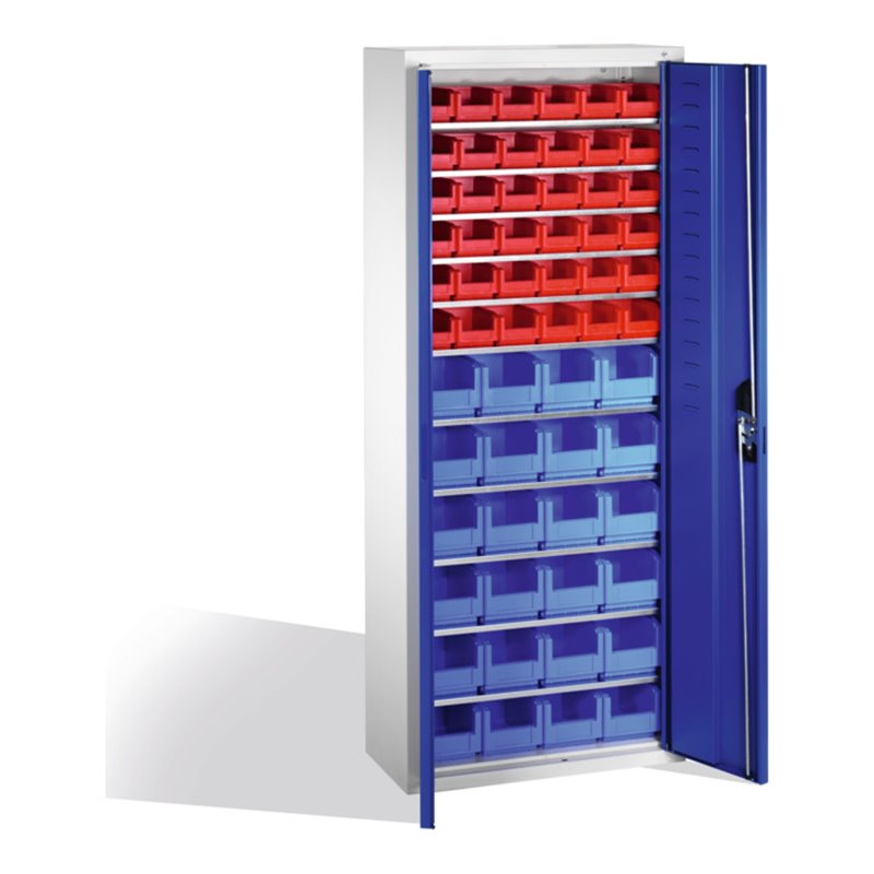 C+P Magazinschrank mit 60 Sichtlagerkästen, H1690xB700xT300mm Front Enzianblau Korpus Lichtgrau