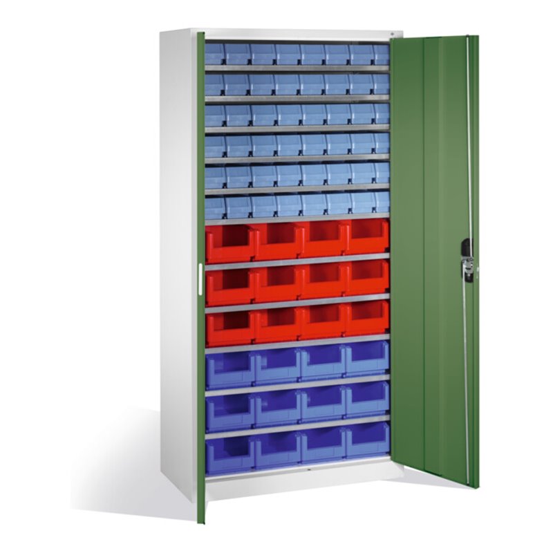 C+P Magazinschrank mit 72 Sichtlager- und Regalkästen, H1980xB1000xT420mm Front Resedagrün Korpus Lichtgrau