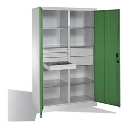 C+P Werkzeugschrank mit Drehtüren, 6 Böden, 6 Schübe, H1950xB1200xT500mm, Lichtgrau/Resedagrün