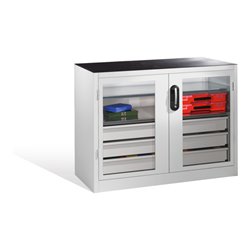 C+P Werkzeugschrank, Sichtfenster-Drehtüren, 2 Böden, 3 Schübe, H1000xB1200xT500mm Front Lichtgrau Korpus Lichtgrau