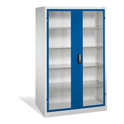 C+P Werkzeugschrank mit Sichtfenster-Drehtüren, innen 4 Böden, H1950xB1200xT600mm Front Enzianblau Korpus Lichtgrau