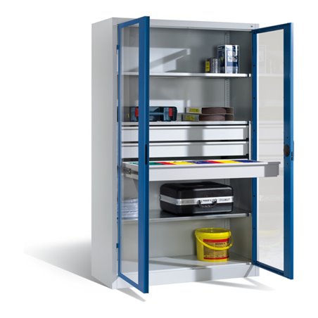 C+P Werkzeugschrank, Sichtfenster-Drehtüren, 3 Böden, 3 Schübe, H1950xB1200xT500mm Front Lichtblau Korpus Lichtgrau