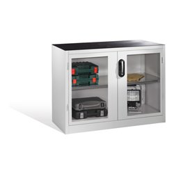 C+P Werkzeug-Beistellschrank mit Sichtfenster-Drehtüren, 1 Boden, H1000xB1200xT500mm Front Lichtgrau Korpus Lichtgrau