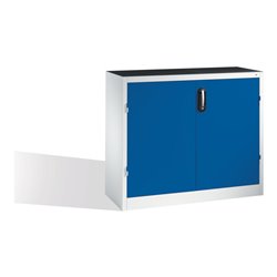 C+P Werkzeug-Beistellschrank mit Drehtüren, 2 Böden und 3 Schübe, H1000xB1200xT400mm Front Enzianblau Korpus Lichtgrau