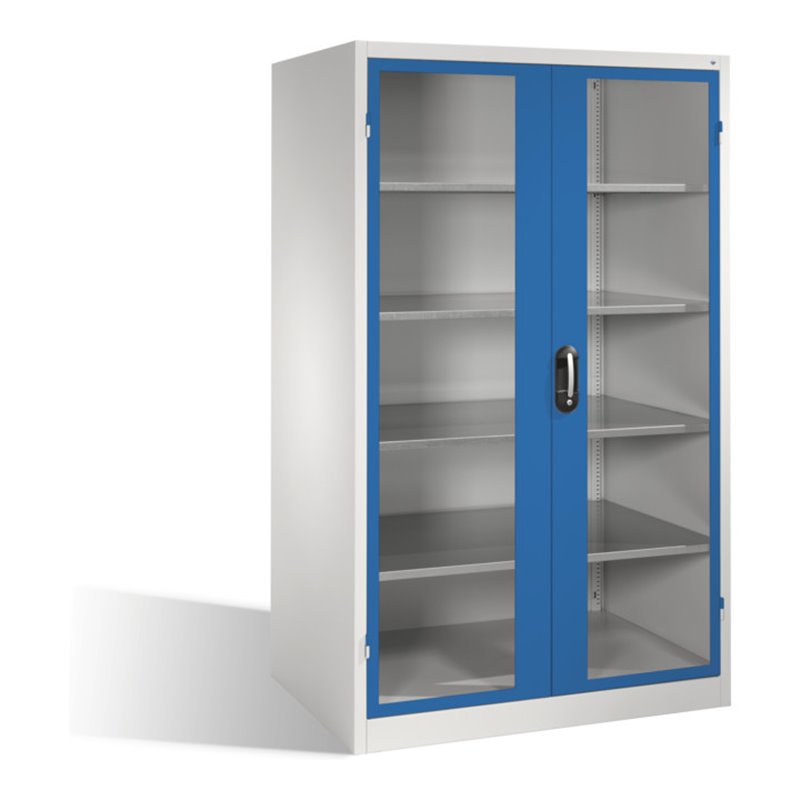 C+P Werkzeugschrank XXL mit Sichtfenster-Drehtüren, 4 Böden, H1950xB1200xT800mm Front Enzianblau Korpus Lichtgrau
