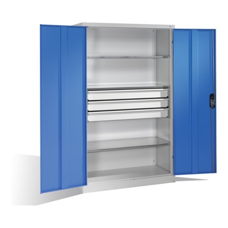 C+P Werkzeugschrank mit Drehtüren, 3 Böden und 3 Schübe, H1950xB1200xT500mm Front Lichtblau Korpus Lichtgrau