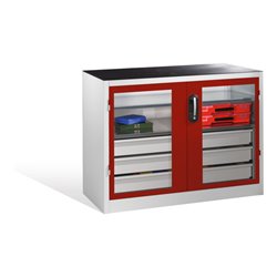 C+P Werkzeugschrank, Sichtfenster-Drehtüren, 2 Böden, 3 Schübe, H1000xB1200xT500mm Front Rubinrot Korpus Lichtgrau