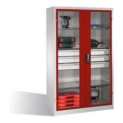 C+P Werkzeugschrank, Sichtfenster-Drehtüren, 4 Böden, 3 Schübe, H1950xB1200xT500mm Front Rubinrot Korpus Lichtgrau