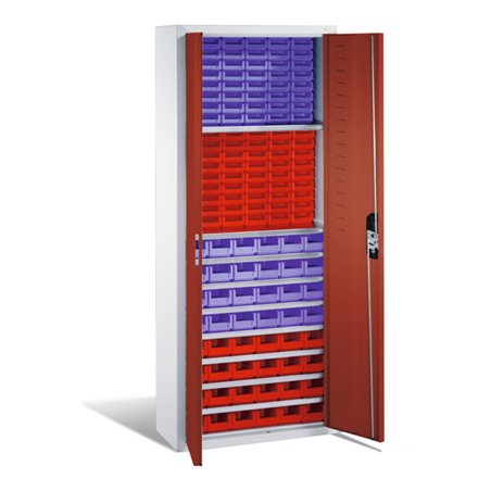 C+P Magazinschrank mit 138 Sichtlagerkästen, H1690xB700xT300mm Front Rubinrot Korpus Lichtgrau