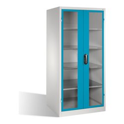 C+P Werkzeugschrank XXL mit Sichtfenster-Drehtüren, innen 4 Böden, H1950xB930xT800mm Front Lichtblau Korpus Lichtgrau