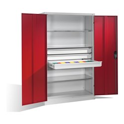 C+P Werkzeugschrank mit Drehtüren, 3 Böden und 3 Schübe, H1950xB1200xT500mm Front Rubinrot Korpus Lichtgrau