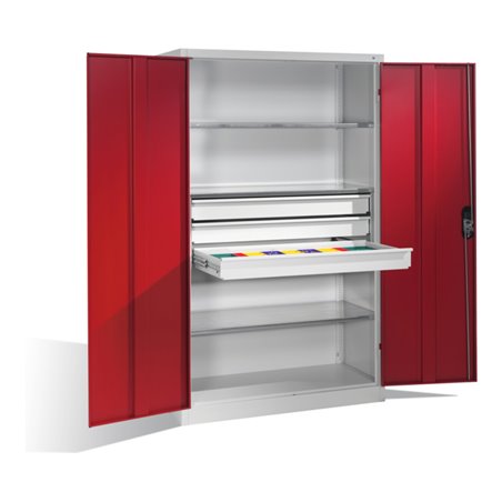 C+P Werkzeugschrank mit Drehtüren, 3 Böden und 3 Schübe, H1950xB1200xT500mm Front Rubinrot Korpus Lichtgrau
