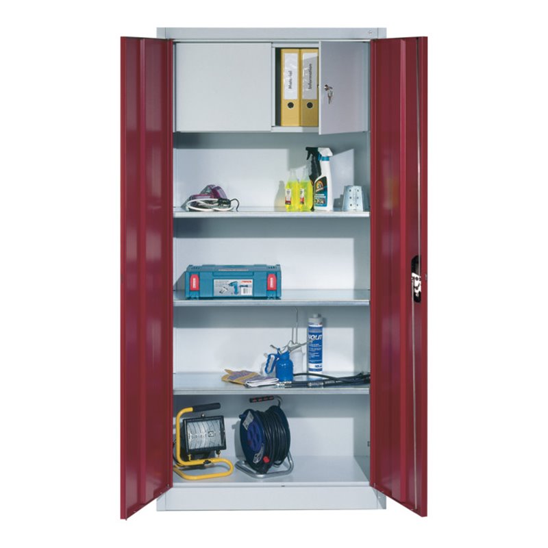 C+P Werkzeugschrank mit Drehtüren, innen 3 Böden und Wertfach, H1950xB930xT400mm Front Rubinrot Korpus Lichtgrau