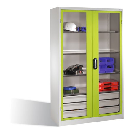 C+P Werkzeugschrank, Sichtfenster-Drehtüren, 3 Böden, 3 Schübe, H1950xB1200xT500mm Front Viridingrün Korpus Lichtgrau