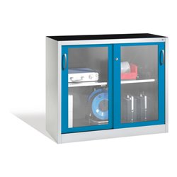 C+P Werkzeugschrank mit Sichtfenster-Schiebetüren, 1 Boden, H1000xB1200xT500mm Front Lichtblau Korpus Lichtgrau